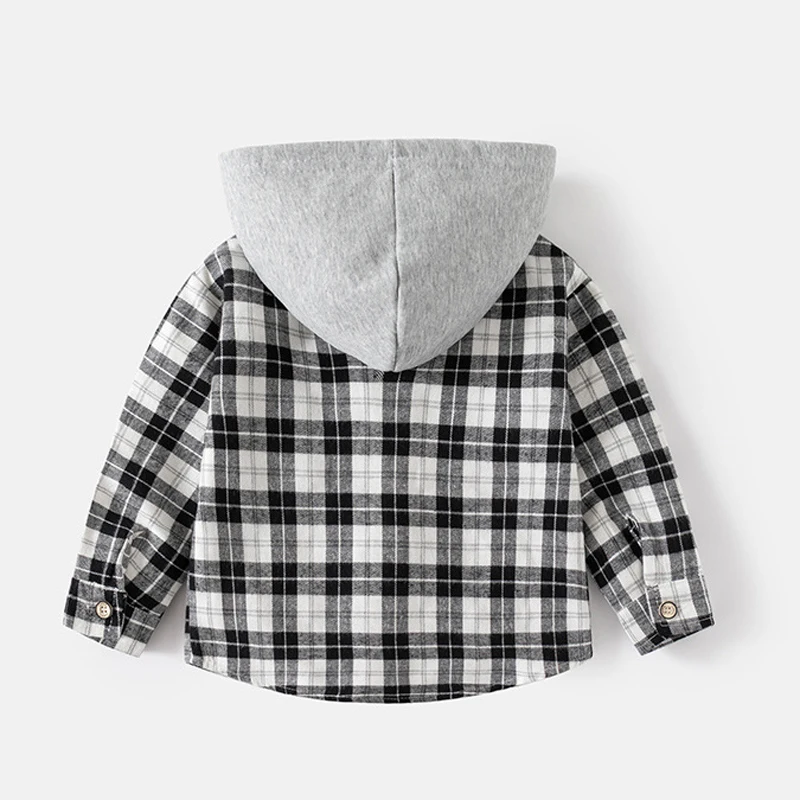 IYEAL Kids Boys Hooded Plaid Shirt Jacket Black White Checkered Button Down Long Sleeve Children Patch Pocket Casual Coat