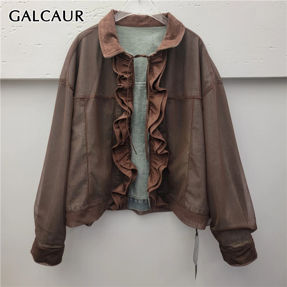 

GALCAUR Coffee Spliced Fungus Basics Jacket Female Lapel Long Sleeve Loose Patchwork Lace Up Women's Jackets Fashion Autumn New