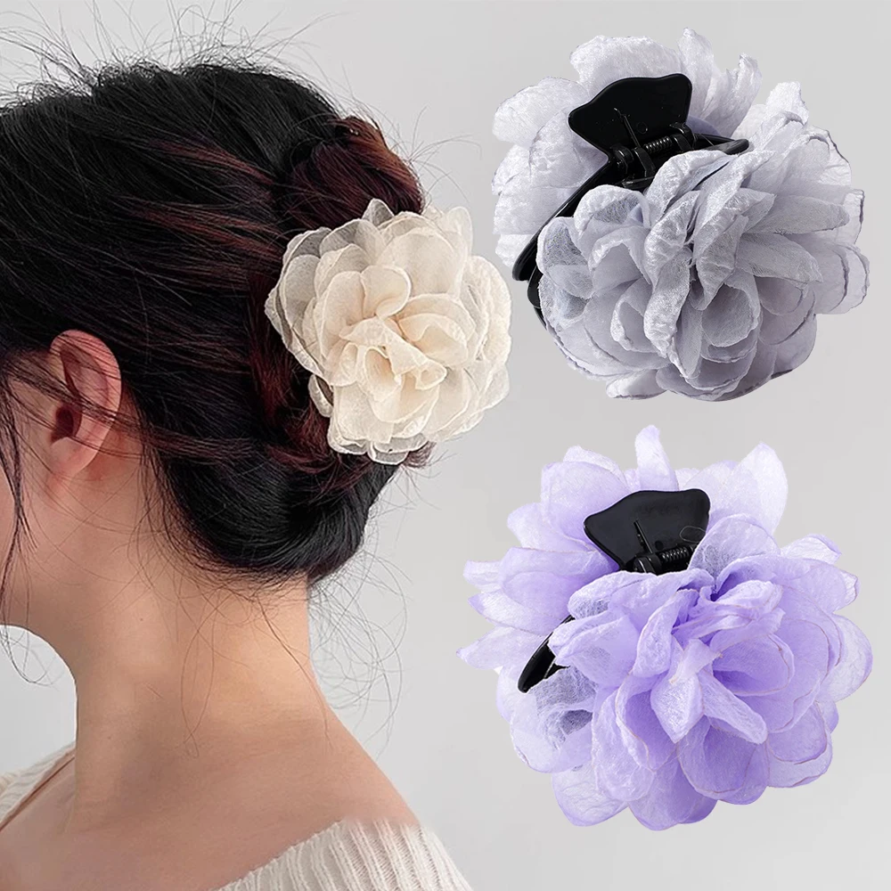 Three-dimensional Rose Flower Hair Claw Handmade Fabric Flowers Grab Hair Clip Sweet Shark Clip Hair Accessories for Women