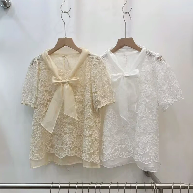 

Korean Style Knot Lace Embroidery Short Sleeve round Neck Shirt Women's Summer New Design Breathable Loose Fit Blouse