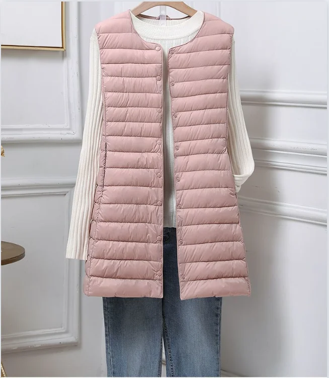 Ultralight Portable  Vest Autumn Winter Women Long Collarless Duck Down Waistcoat Sleeveless Button Feather Lining