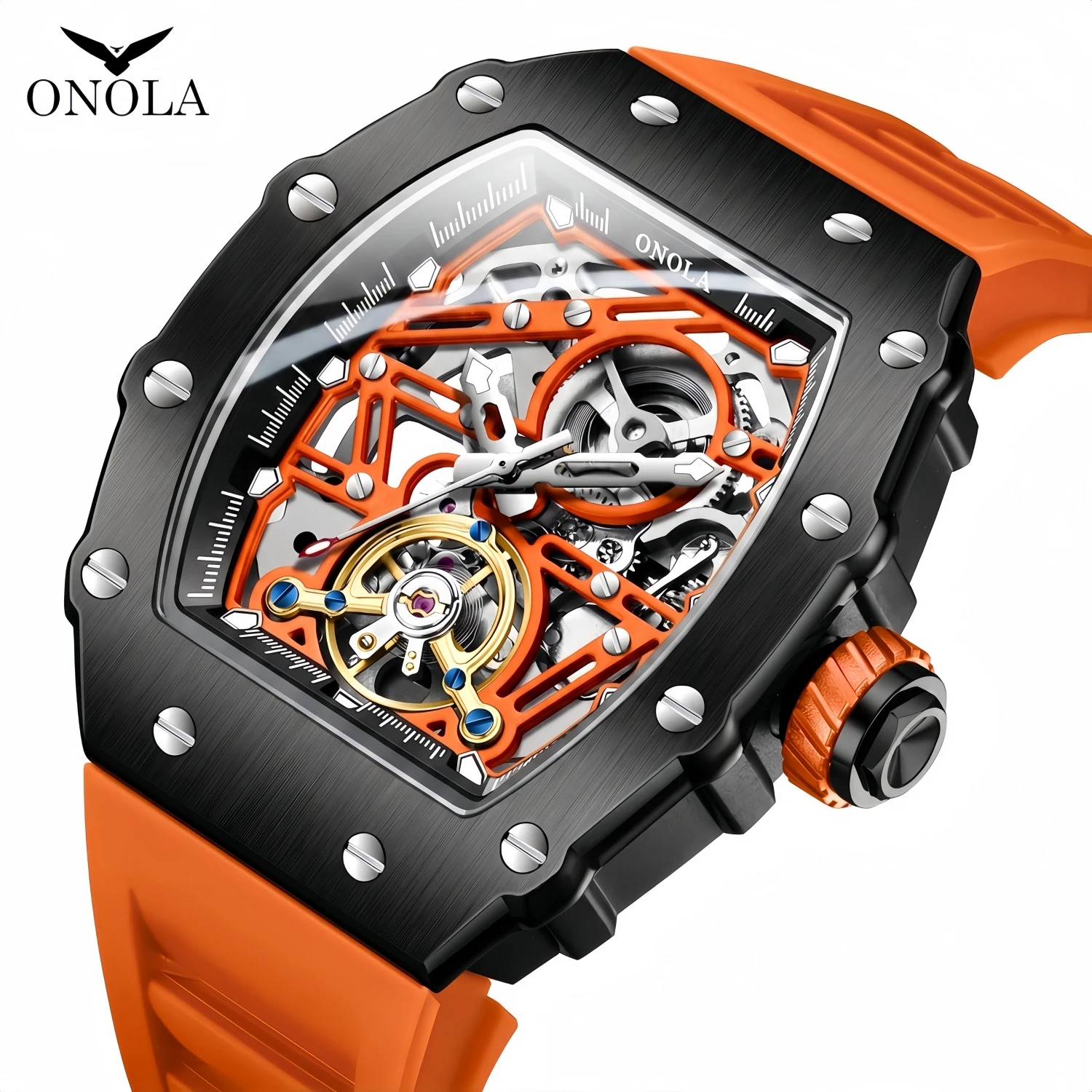 Fashion Luxury Men\'s Watch ONOLA Hollow Out Rudder Flywheel Fully Automatic Mechanical Waterproof Silicone Watches Clock