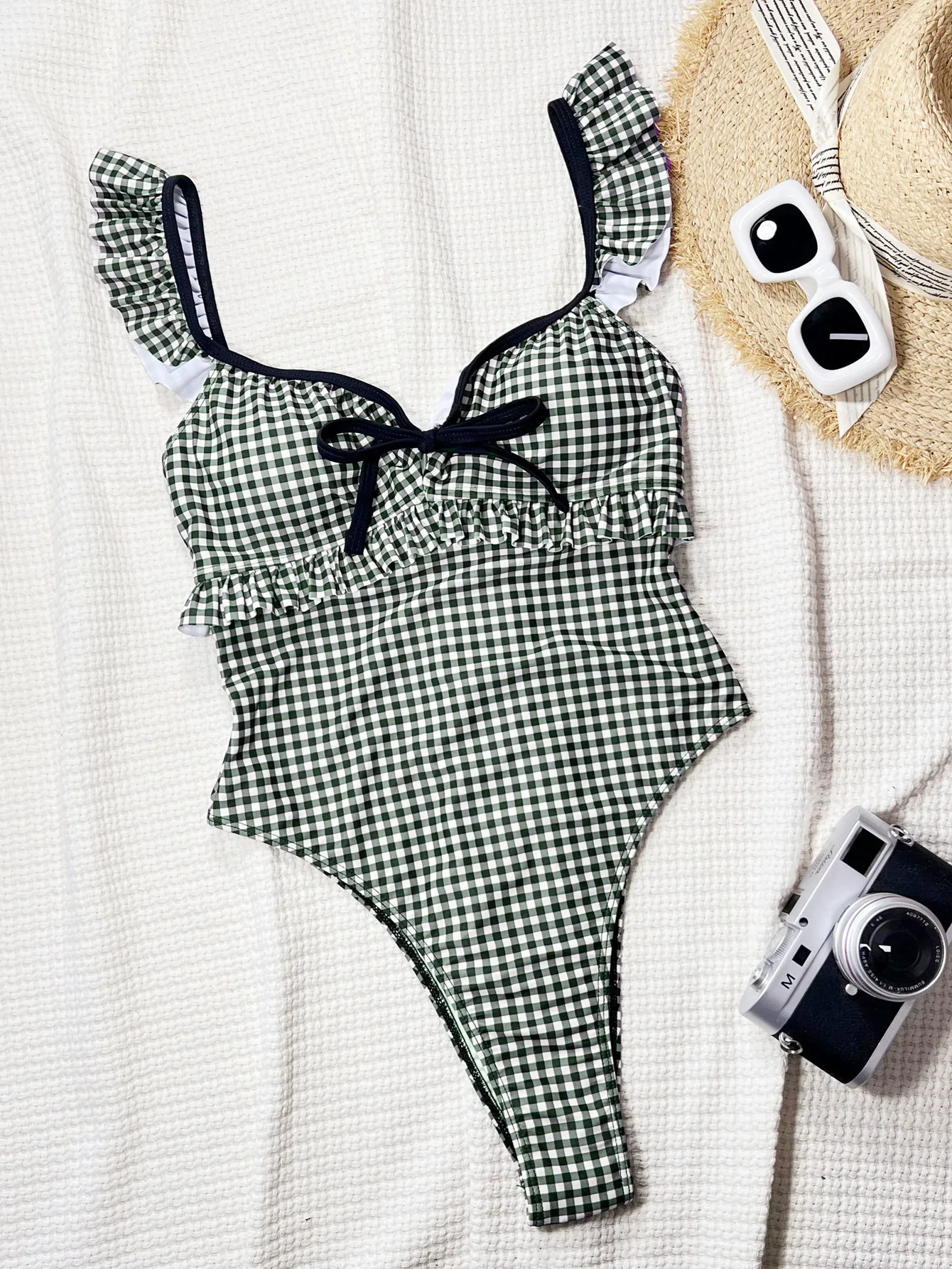 sexy white black plaid bow swimsuits one piece ruffles backless bikinis swimwear bodysuits women biquini bathing suits tankini
