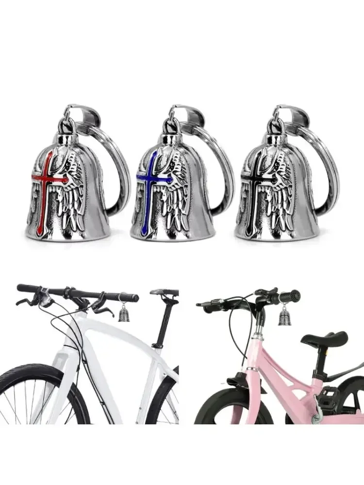Vintage Cross Wings Angel Guardian Bell Motorcycle Keychain for Men Fashion Charm Bell Pendant Rider Decor Gift
