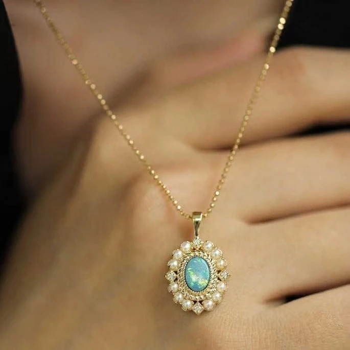 

Vintage Luxury 925 Silver Synthetic Opal Pearl Pendant Necklace 9K Real Gold Chain Black Opal Custom Cocktail Ring Jewelry Set