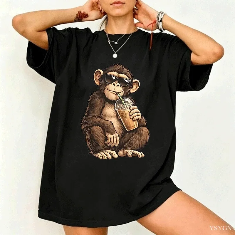 Funny Monkey Drinking Iced Coffee T Shirtomen Streetwear Animal Graphic T-Shirt Summer Short Sleeve Round Neck Tops