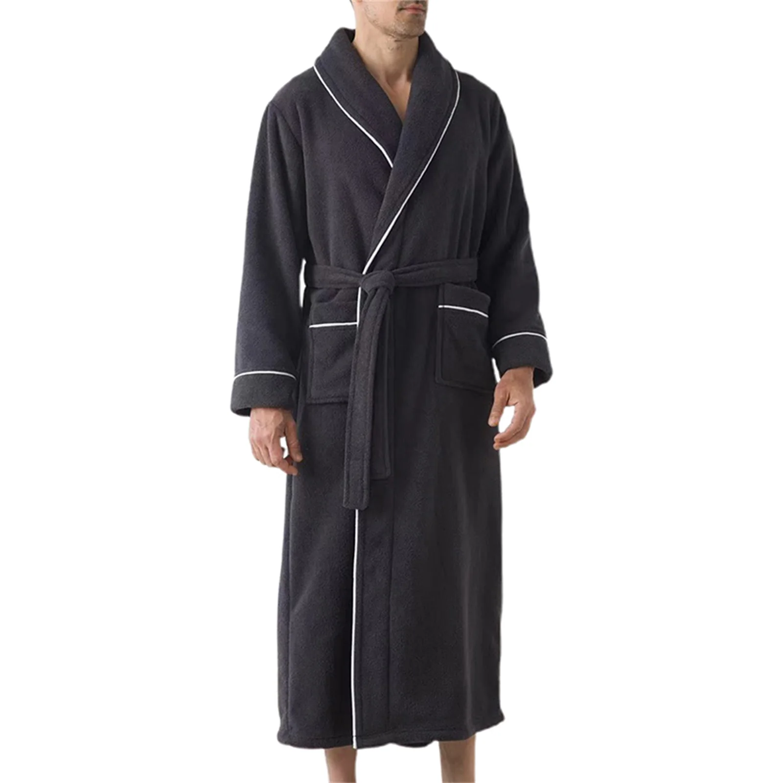 Men's Plush Long Bathrobe Shawl Collar Soft Long Sleeve Spa Robe with Belt Winter Warm Robes for Bath Shower