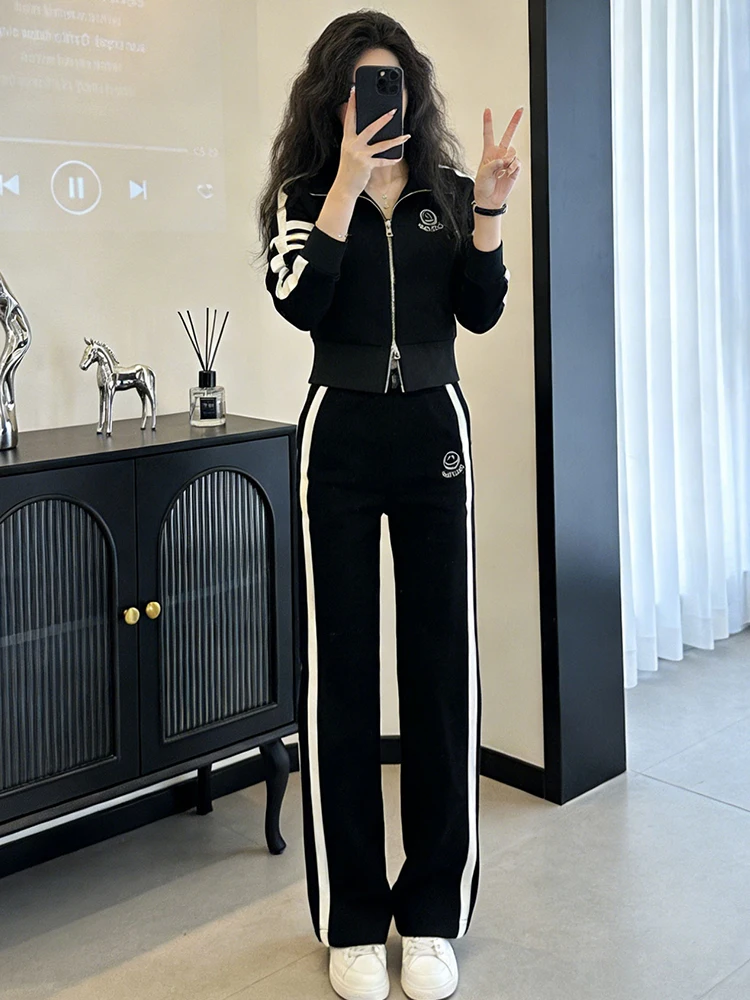 

Trendy Versatile Casual Women's Two-Piece Set ort Lazy Color Blo Open Cardigan Jaet Wide Leg Pants Spring Leisure Sport