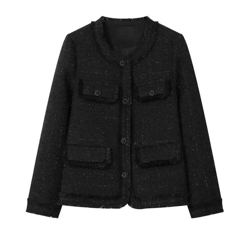 

Black tweed small fragrant coat for women's autumn and winter new French round neck rough edge short temperament top