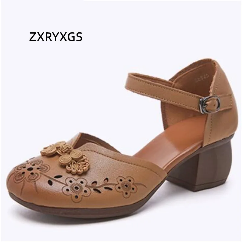 ZXRYXGS Classic Flowers Round Toe Women Fashionable Sandals 2024 Summer Side Air Thick Mid Heel Sandals Wedding Banquet Sandals