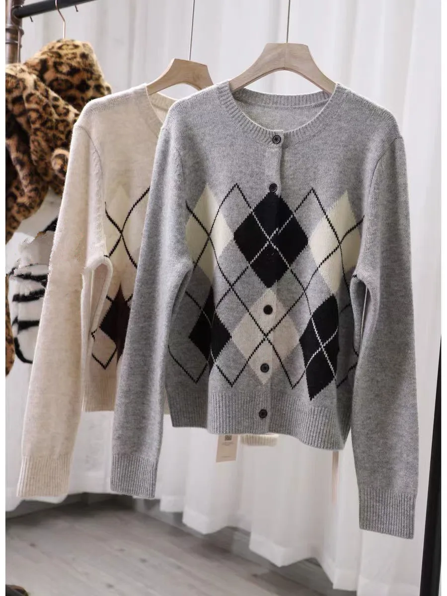 

Модный вязаный свитер с узором «Фейр-айл» и ромбовидным плетением, женский длинный свитер с V-образным вырезом, шерстяной пуловер для зимы, повседневная одежда