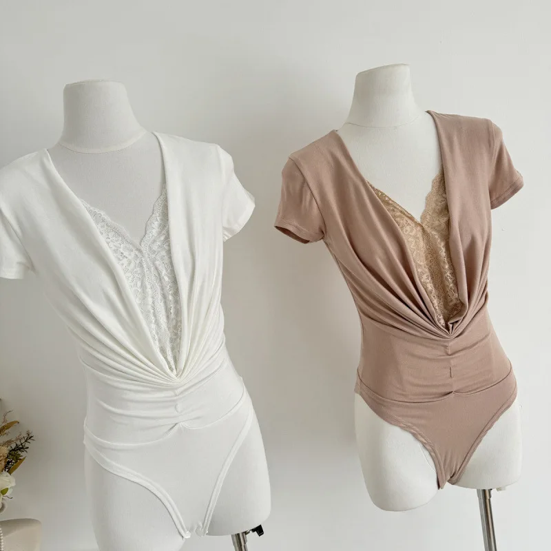 

2026 New Lace Patchwork Short Sleeve Bodysuit for Women V Neck Ruched Slim Fit Tee Spring Casual Versatile Tops