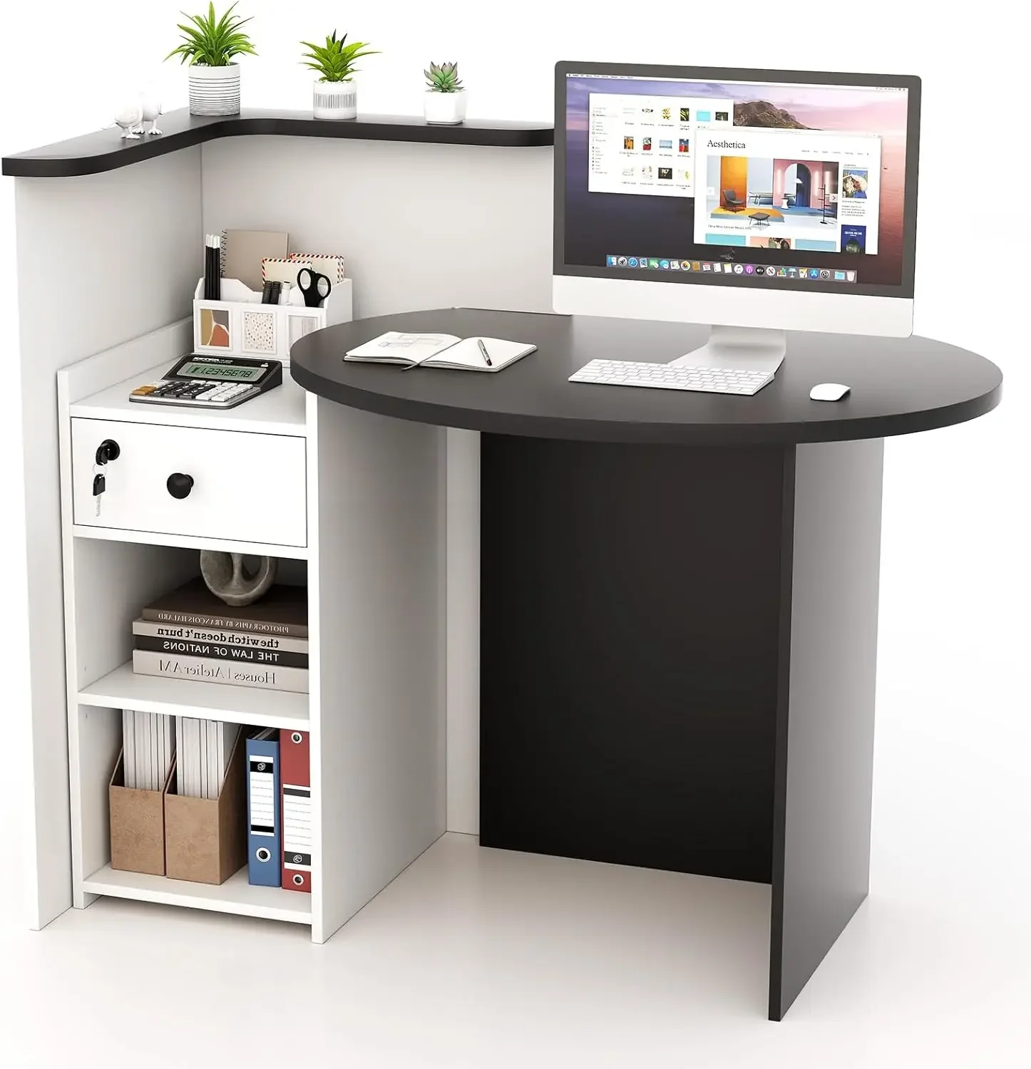 

Reception Desk, Small Retail Checkout Counter with Lockable Drawer and Open Shelves, Wooden Computer Workstation