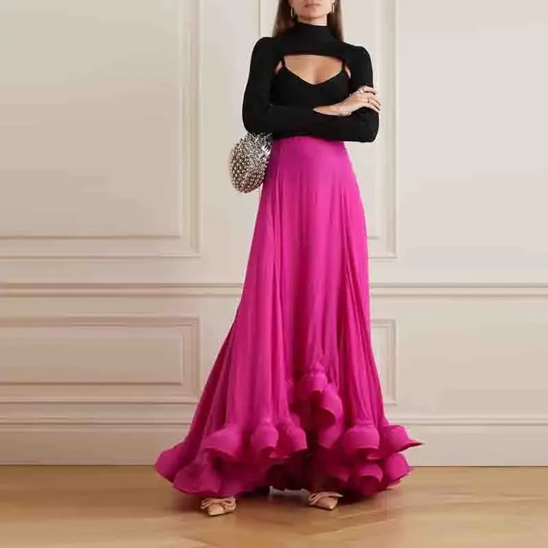 Fuchsia Satin Long Skirts Women Prom Party Formal Wear Maxi Skirt Saias Ruched Ruffle Edge Long Party Skirt