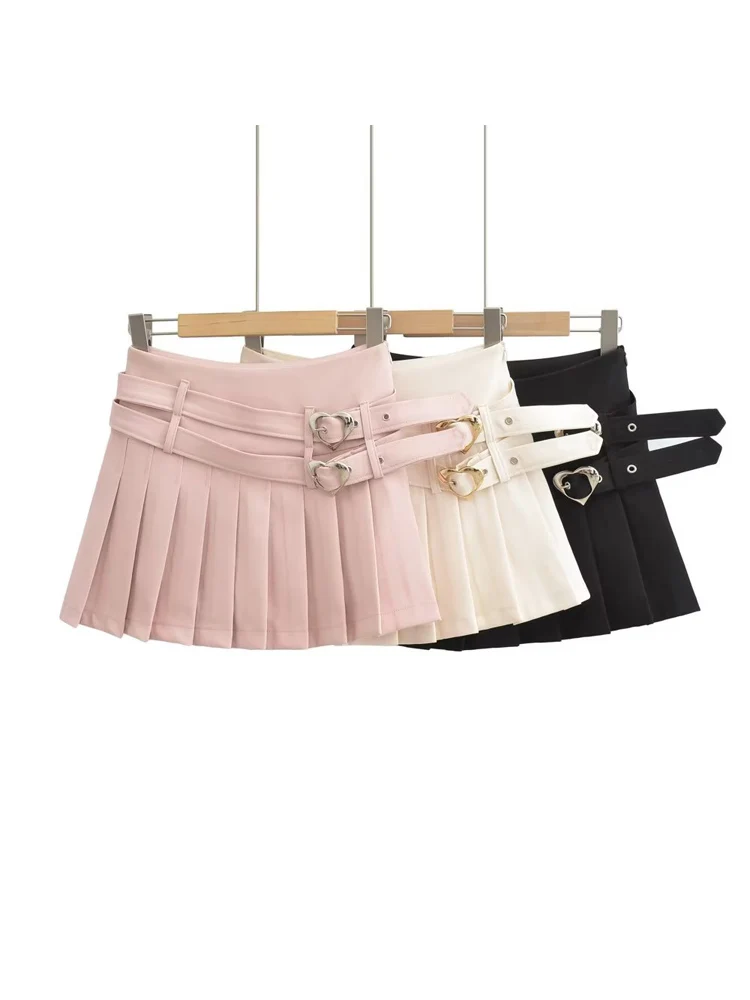 

American Retro High Waist A-Line Skirt with Double Belts Anti-Light Cheered ort Skirt for Young Women Street Sle