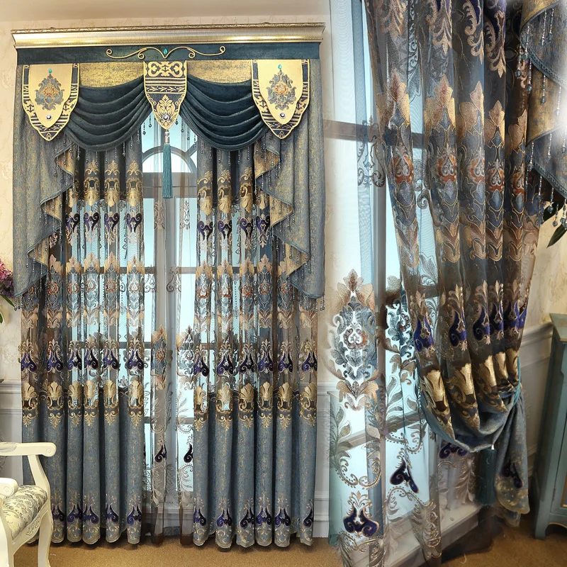 

Custom size European Living Room Blue Chenille Jacquard Hollow Water-soluble Embroidered Villa Curtain Cloth Finished Product