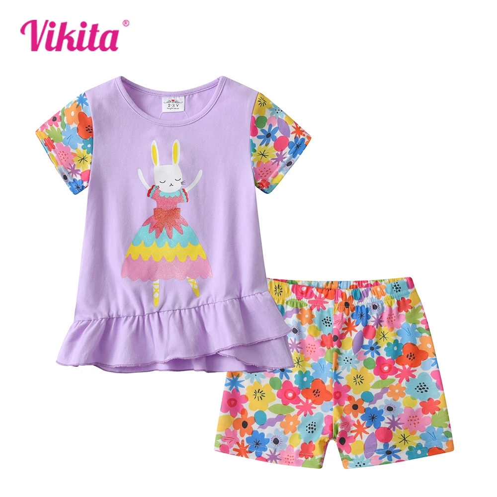 VIKITA Girls Clothing Sets for Summer Kids Rabbit Floral Print Cotton Short Sleeve T Shirt and Pants 2 Pcs Suit Clothes Sets