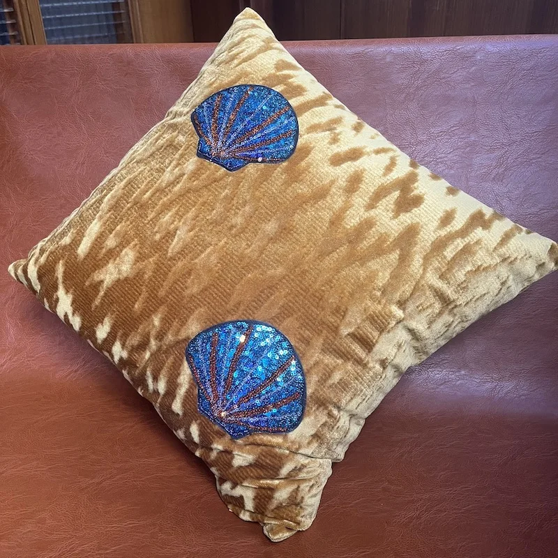 Shiny Sand Velvet Blue Yellow Shell Patchwork Embroidery Cushion Cover Decorative Pillow Case Modern Office Sofa Chair Coussin