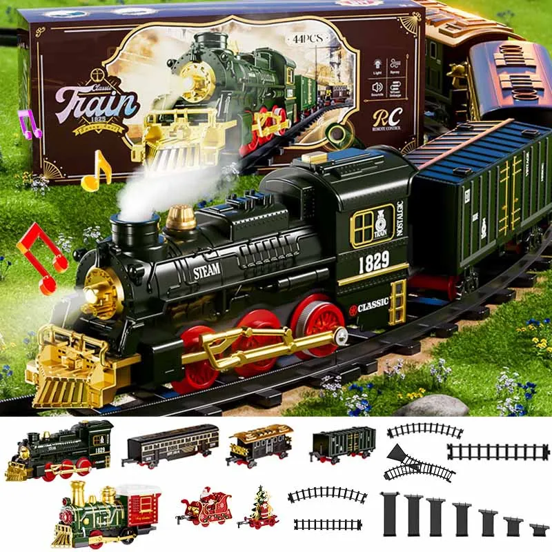 Natale Elettrico Treno A Vapore Binario Giocattolo Per Bambini Retro Locomotiva A Vapore Controllo Spray Binario Ad Alta Velocità Suono Luce Treno Modello BoysToy