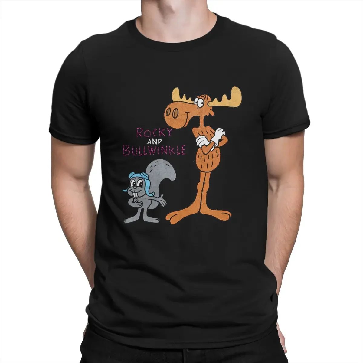 Rocky and Bullwinkle Men  Humor Top Quality Gift Idea Rocky And Bullwinkle With Friends O Neck Tops Fabric T Shirt heavyweight