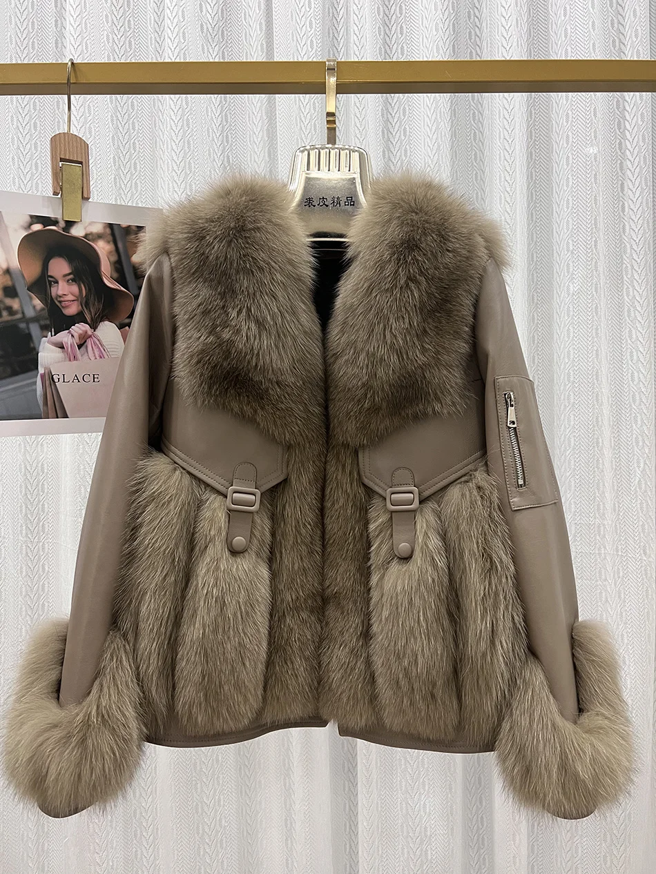 2024 Women\'s Natural Fox Fur Coat Goose Down Jacket Real Genuine Sheepskin Leather Jacket Warm Luxury Female Coats