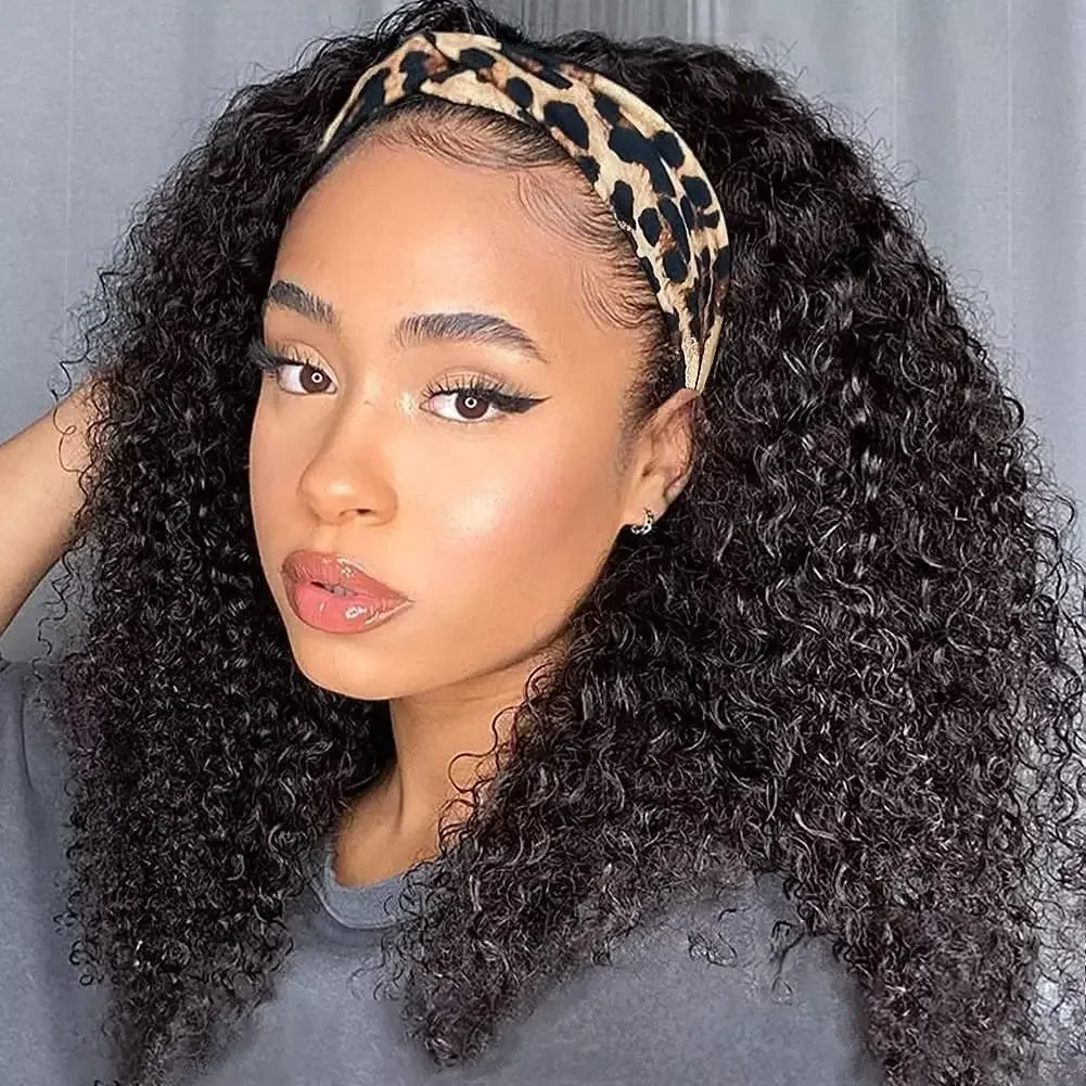 

Human Hair Headband Wig Kinky Curly Full Machine Made Brazilian Remy Human Hair Wigs For Women 180% Density Natural Color