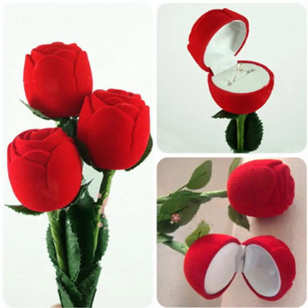 Romantic Case Delicate Holder Necklace Wedding Earring Velvet Red Display Flower Pendant Gift Jewelry Ring Rose