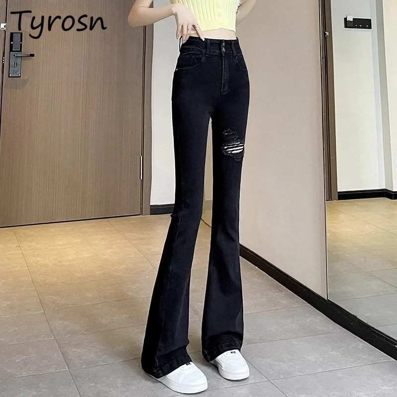 

Jeans Women High Waist Slim Korean Style Simple Trousers Micro-flared Ripped Floor-length All-match Temperament Streetwear Chic