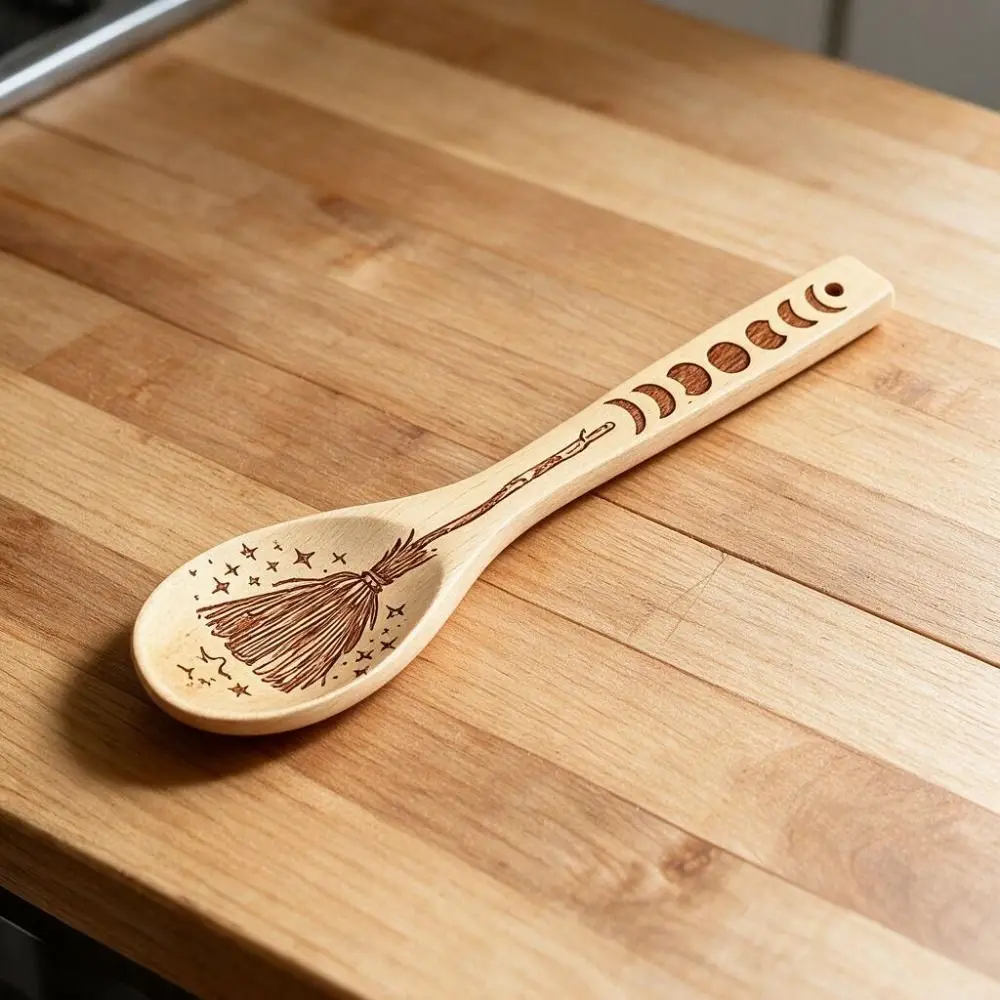 Wooden Halloween Witch Stirring Spoon Laser Engraved Large Size Halloween Witchy Decorative Spoon Eco-Friendly
