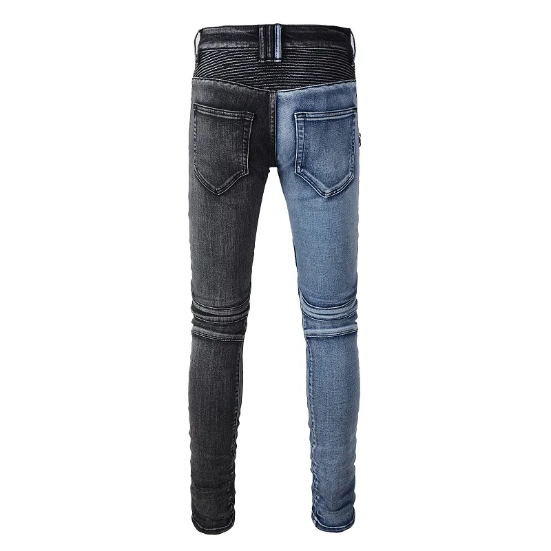 High Streetwear Classical Black Blue Patchwork Distressed Motorbike Ribs Patches Zippers Slim Stretch Ripped Jeans Pants Men