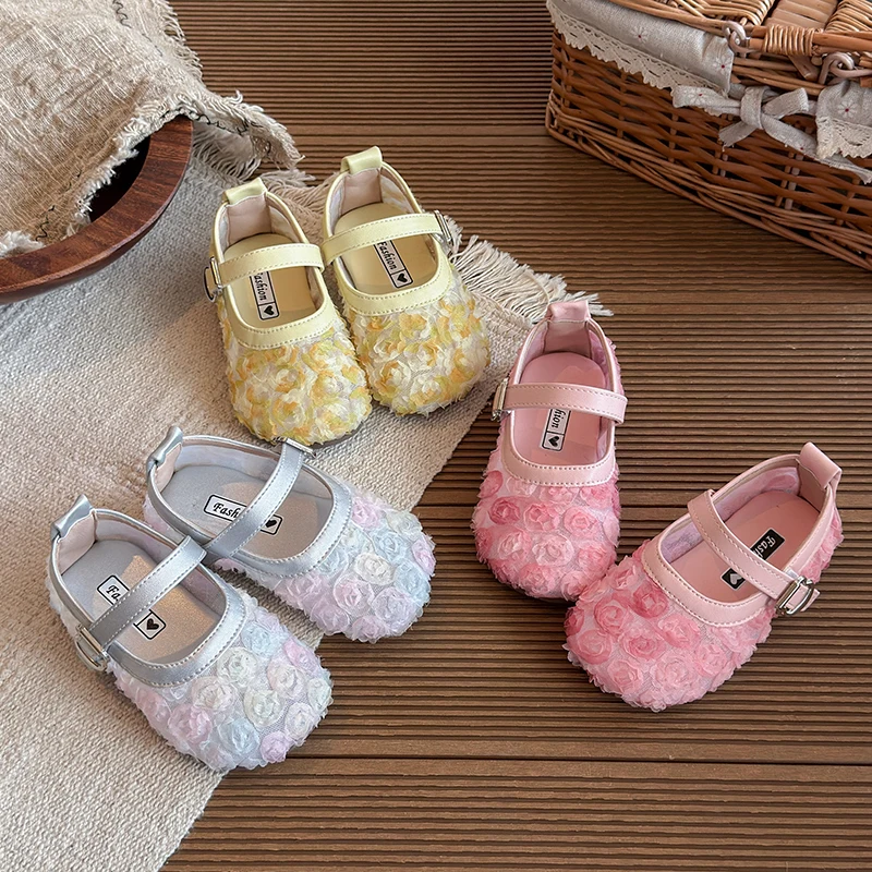 Spring Girl's Mary Janes Flower Mesh Hook-loop Sweet Kid's Flat Shoe Solid Colors Anti-slip Chic Charming Daily Children Shoes
