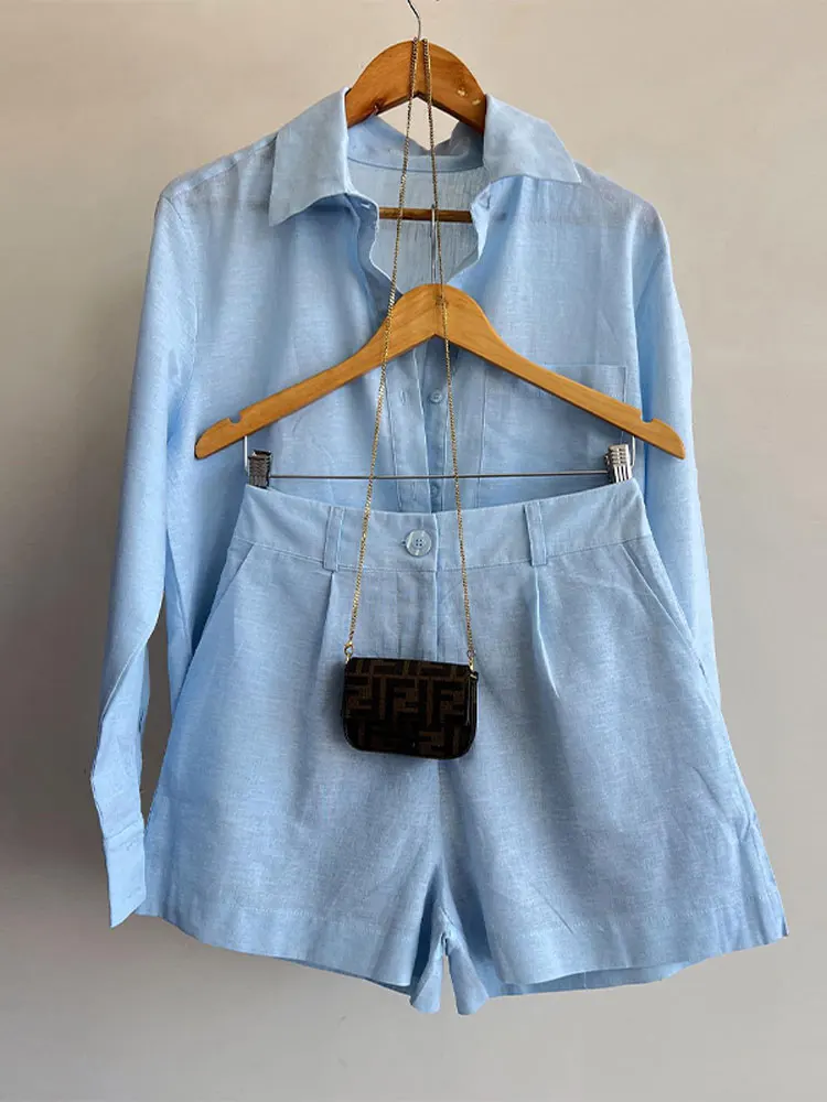 Chemise à revers à simple boutonnage pour femme, manches longues, pantalon court, tenue de vacances chic, tenue élégante, imbibée de poches, ensemble de 2 pièces