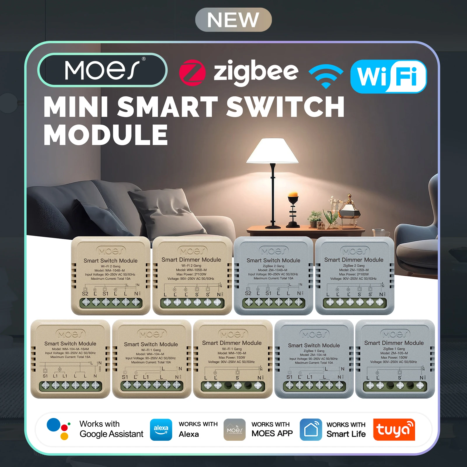 MOES Mini Smart Switch, Star Ring Series, 1/2 Gang, Works with Tuya WiFi/Zigbee, Alexa & Google Home, DIY Module, Remote Control