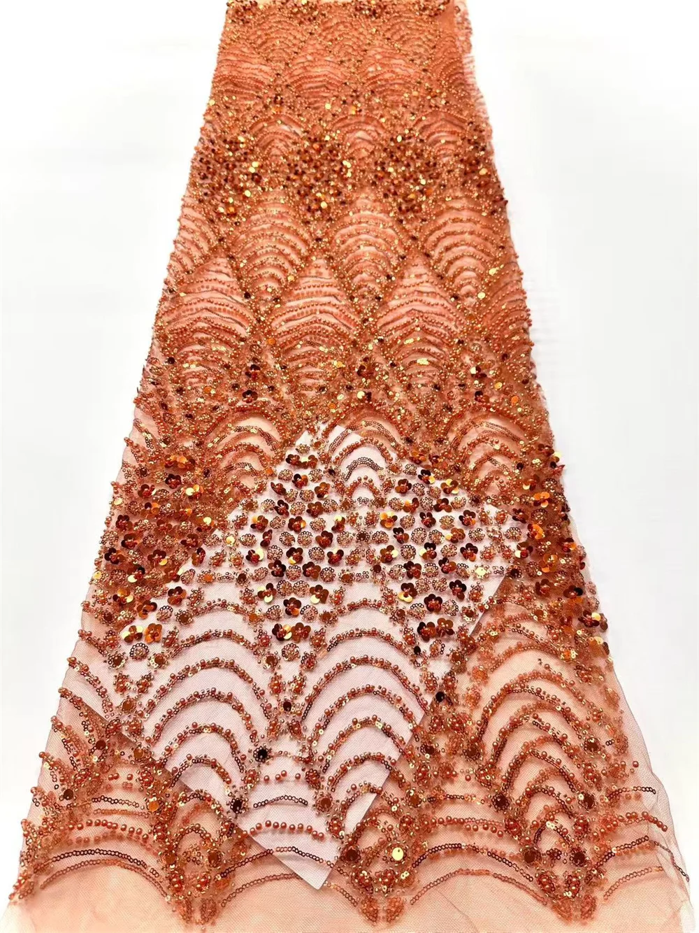 

High Quality African Orange Handmade Beaded Lace Fabric 2025 Sewing Sequins Embroidery Nigerian Lace Fabric Women Wedding Hm28-1