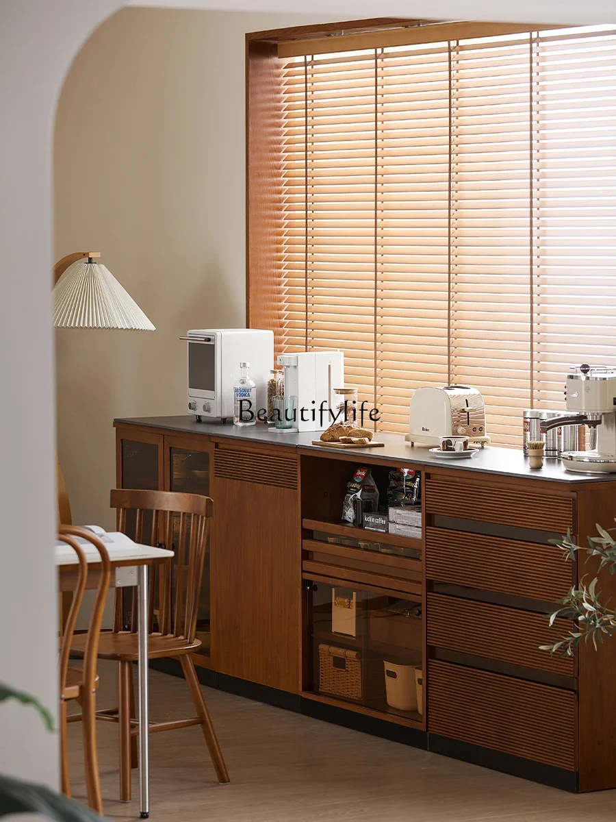 

12Vintage Style Rock Slab and Solid Wood Combination Sideboard Cabinet, Antique Style Integrated Storage Cabinet