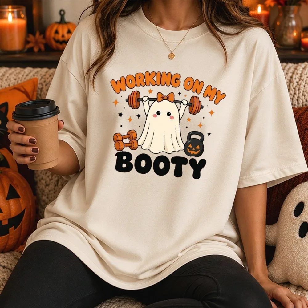 Working On My Booty Ghost Halloween Funny Graphic Unisex Cotton T Shirt Fitness Lover Gym Tshirt Autumn Casual Streetwear Tees