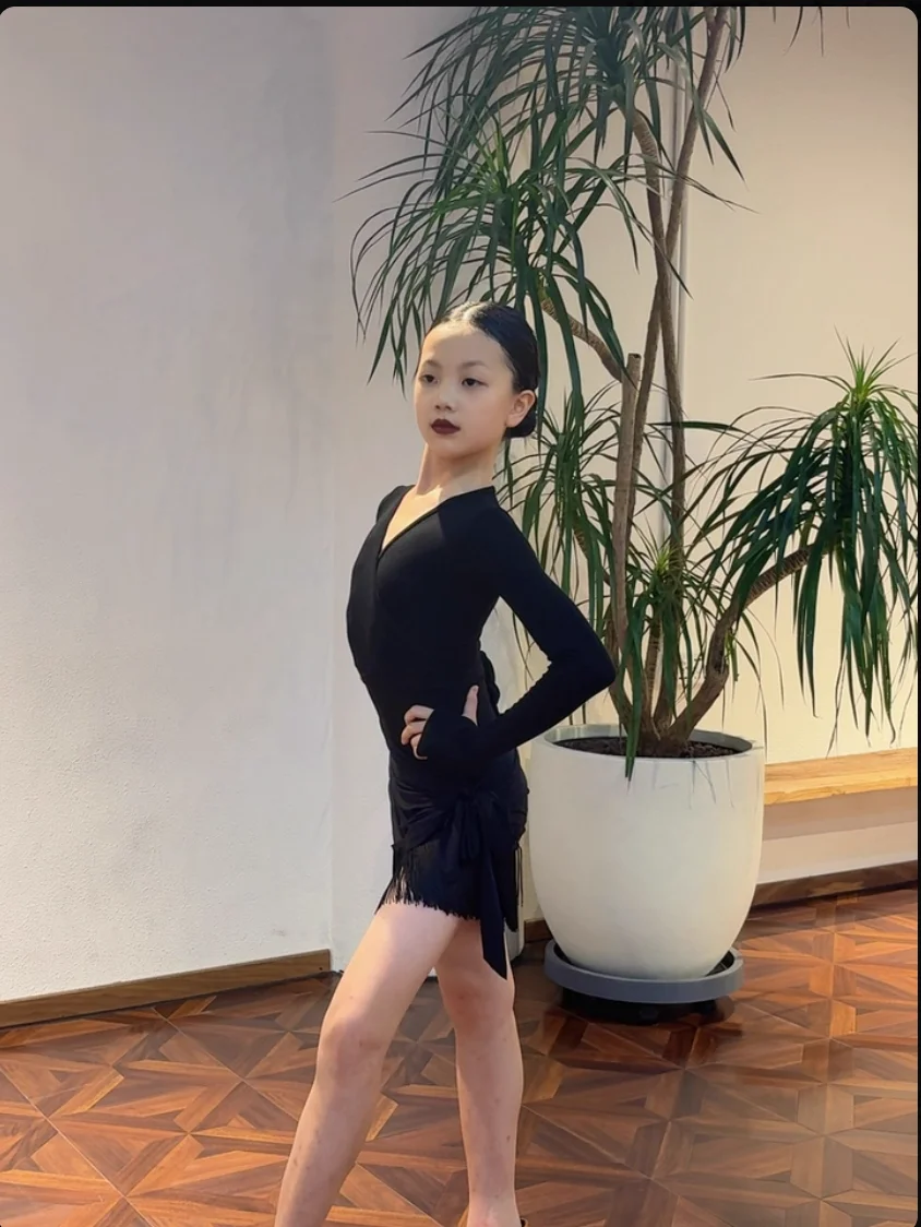 Kind Latin Dance Kleid Kostüm für Mädchen Aushöhlen Tops Fransen Rock Anzug Samba Rumba Praxis Leistung Dancewear Kleidung