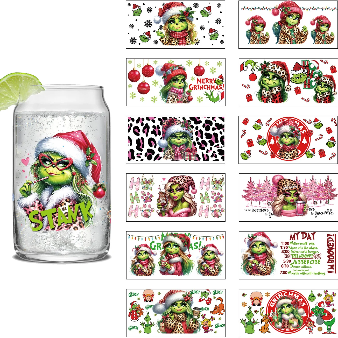 Cartoon Green series Easy peel waterproof DIY Decals 3D transfers uvdtf crystal stickers 16oz uv dtf cup wraps for Glasses