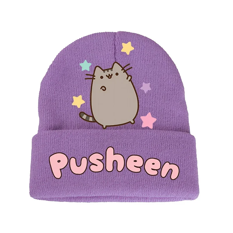 Pusheen Cat Knitted Hat Girls Autumn Winter Windproof Beanie Soft Keep Warm Anime Printed Cap Children Women Casual Accessories