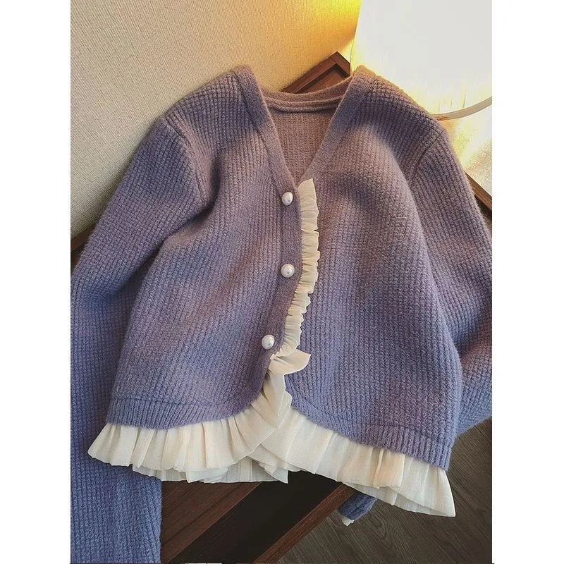 Spring New Lace Patchwork Round Neck Long Sleeved Knitted Cardigan Autumn Fashionable Commuting Casual Versatile Top Coat