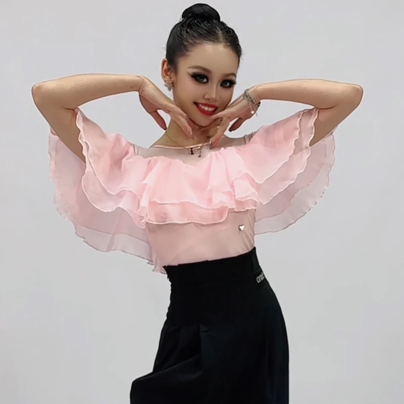 Pink Ruffled Latin Dance Tops Women Rumba Ballroom Dance Top Adults Waltz Modern Dancing Costumes Practice Clothes SL13168