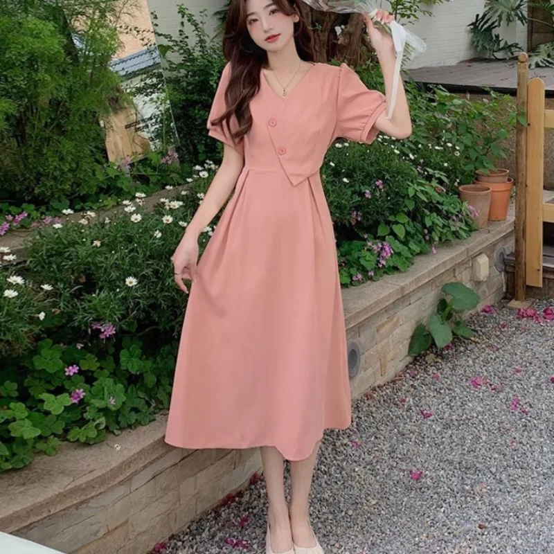 Dresses Women Age-reducing V-neck Chic Irregular Defined Waist Mid-length Korean Fashion Summer Vestidos Prevalent Elegant Ins