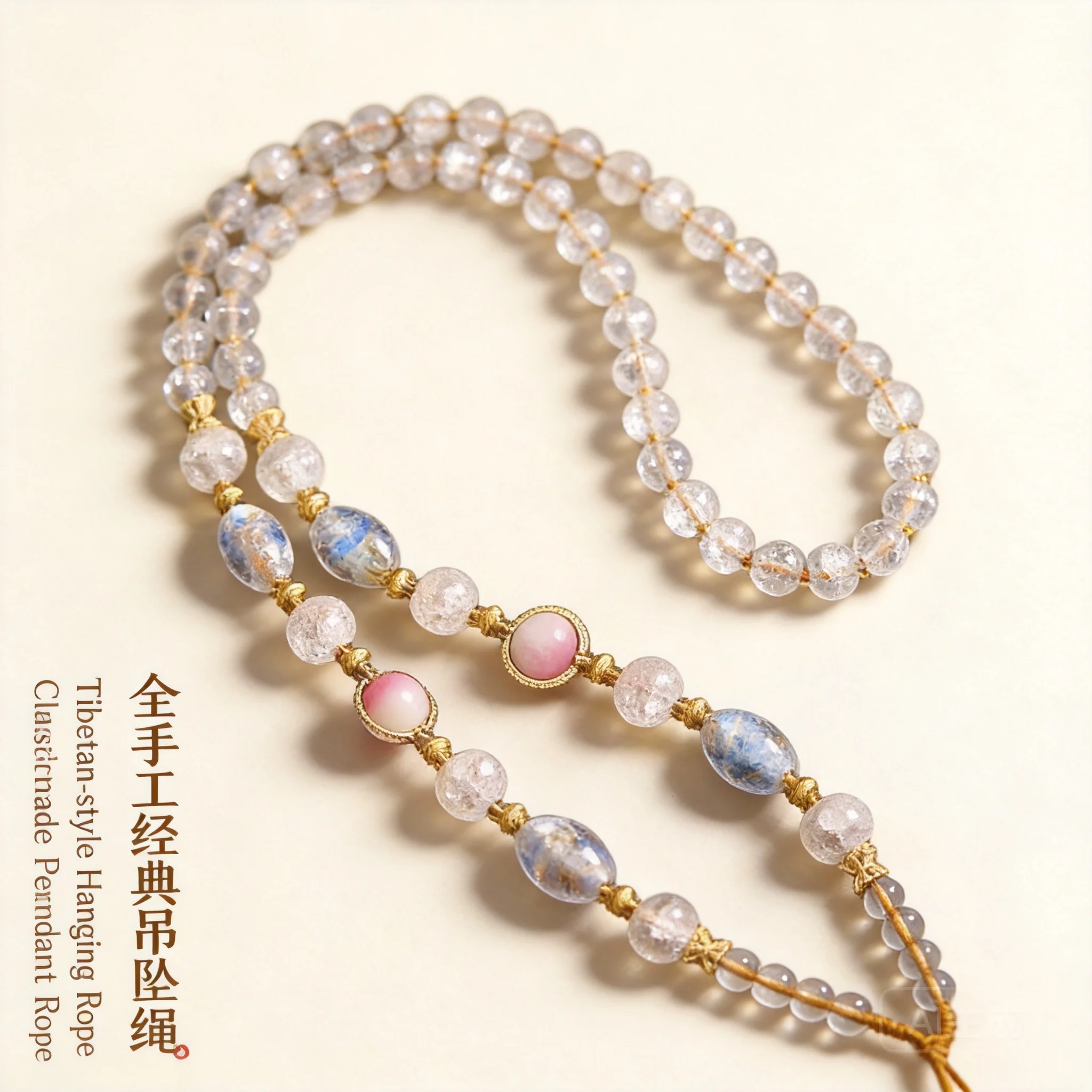 Chinese Style Auspicious 8mm Cracked Crystal Beaded Chain Tibetan Thangka Gau Box Buddha Amulet Pendant Necklace Good Luck Bless