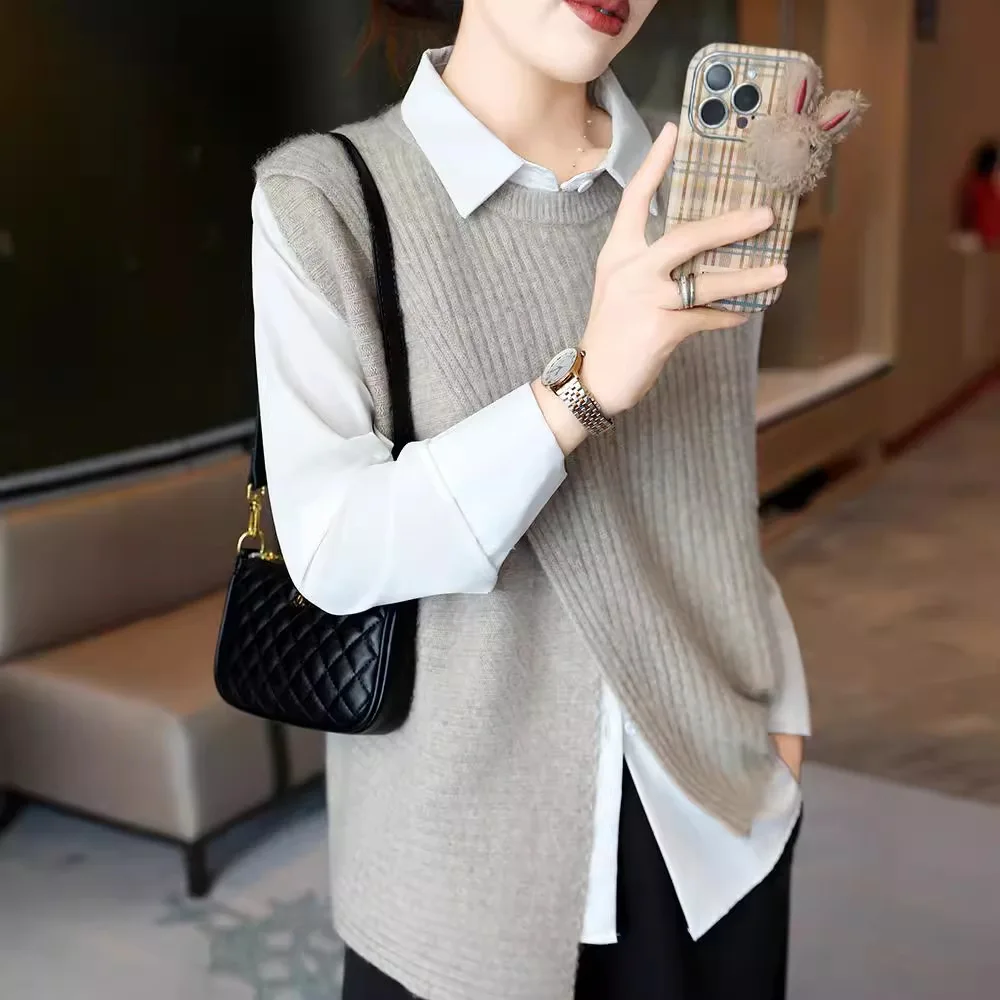 New 100% wool sweater vest knitted garment outer vest layered style slit design pure wool fashionable sleeveless style