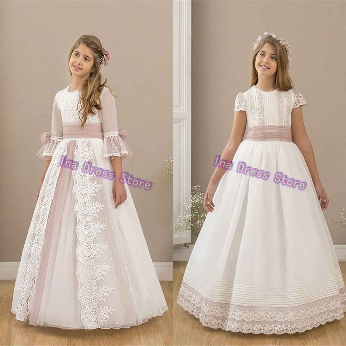 First Communion Gowns Customised Idyllic Customized Lace Print Appliqué Flower Girl Dress Princess Ball Kids Birthday Party Gown