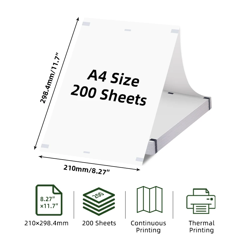 ورق طباعة حراري قابل للطي مقاس A4، 200 ورقة، عرض 210 مم، طول 298 مم، مناسب للطابعات المحمولة #2