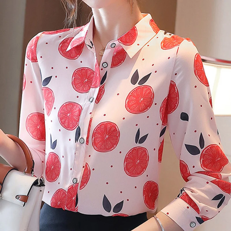 Blusas Mujer De Moda 2024Blouse Women Turn Down Collar Office Blouse Tops Long Sleeve Print Chiffon Blouse Shirt Blusa D441