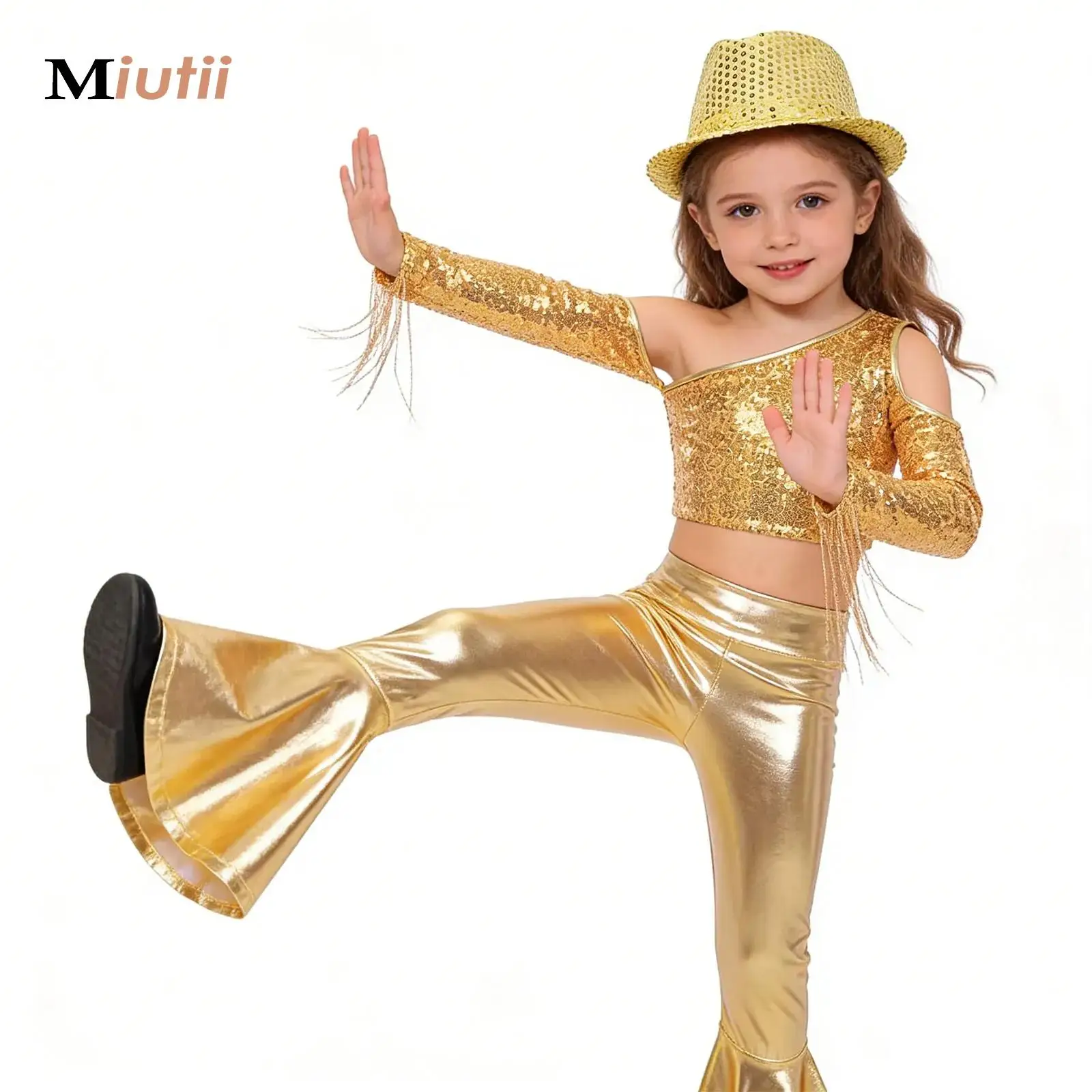 

Metallic 70S Disco Vintage Hippie Costume Outfits for Kids Girl Sequins Crop Top and Bell Bottom Pants and Hats Jazz Dancewear