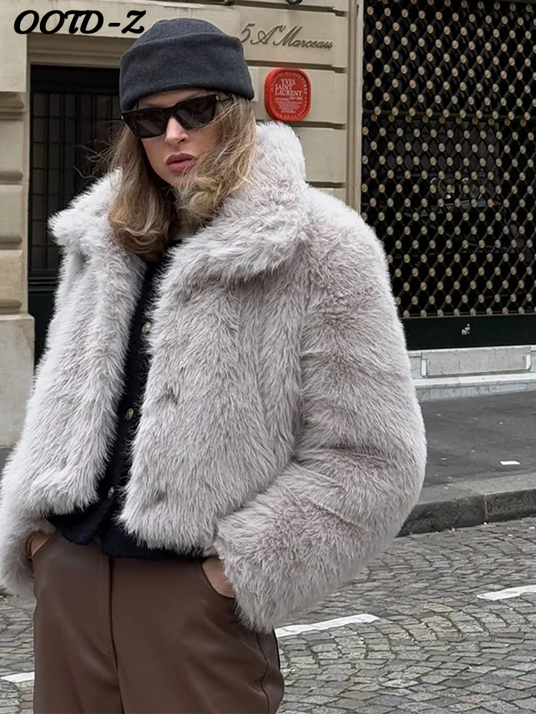 Elegancka krótka kurtka z imitacji futra damska miejska jednolita z klapami otwarte szwy pełne rękawy płaszcze damska jesienno-zimowa moda odzież wierzchnia