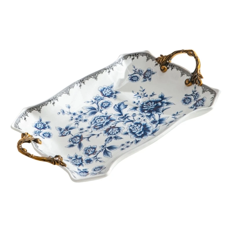  Spacious 37Cm Wide Ceramic Serving Plate With Ornamental Handle Retro Themed Snacks Tray For Entertaining